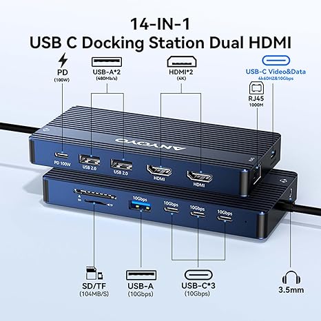 14-in-1 USB-C Docking Station for Windows and Mac | Dual 4K HDMI + USB-C Display, 10Gbps Data, 100W Power Delivery, Gigabit Ethernet, SD/TF Reader