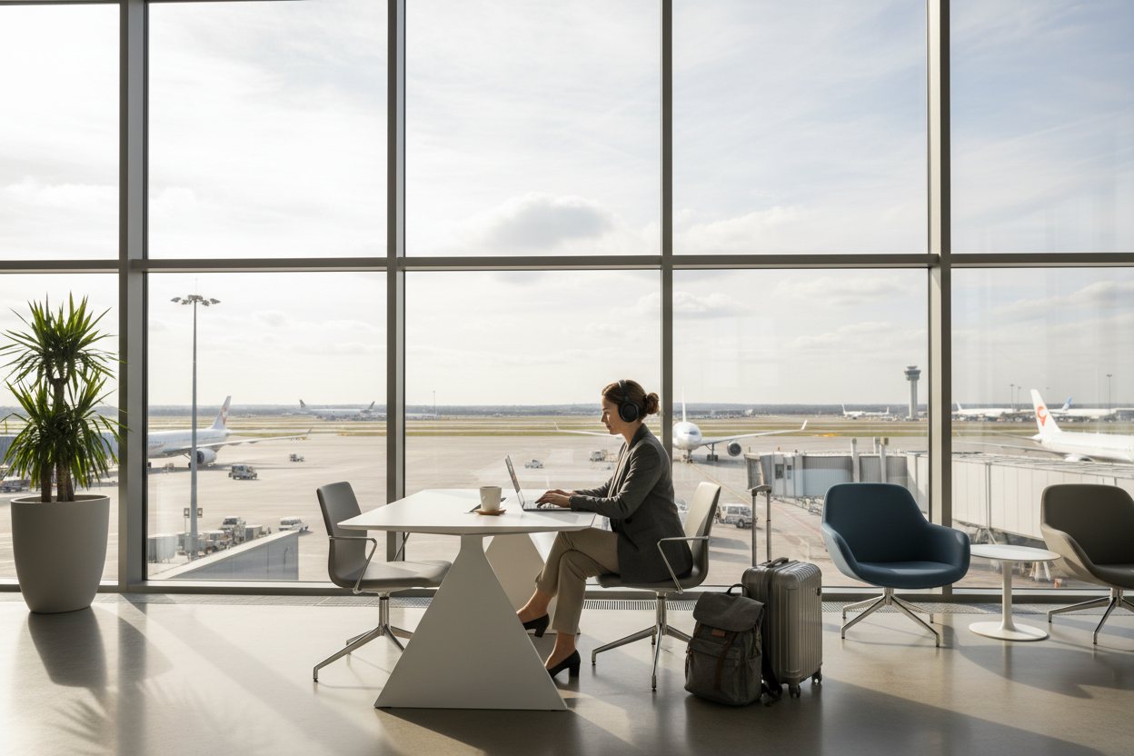 brand: 'anywhere office gear'. generate a few images of tech being used while traveling like at an air port or library or anywhere.