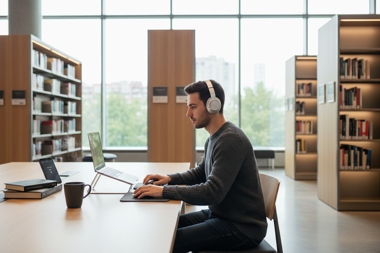 brand: 'anywhere office gear'. generate an image of tech being used while traveling like at a library.