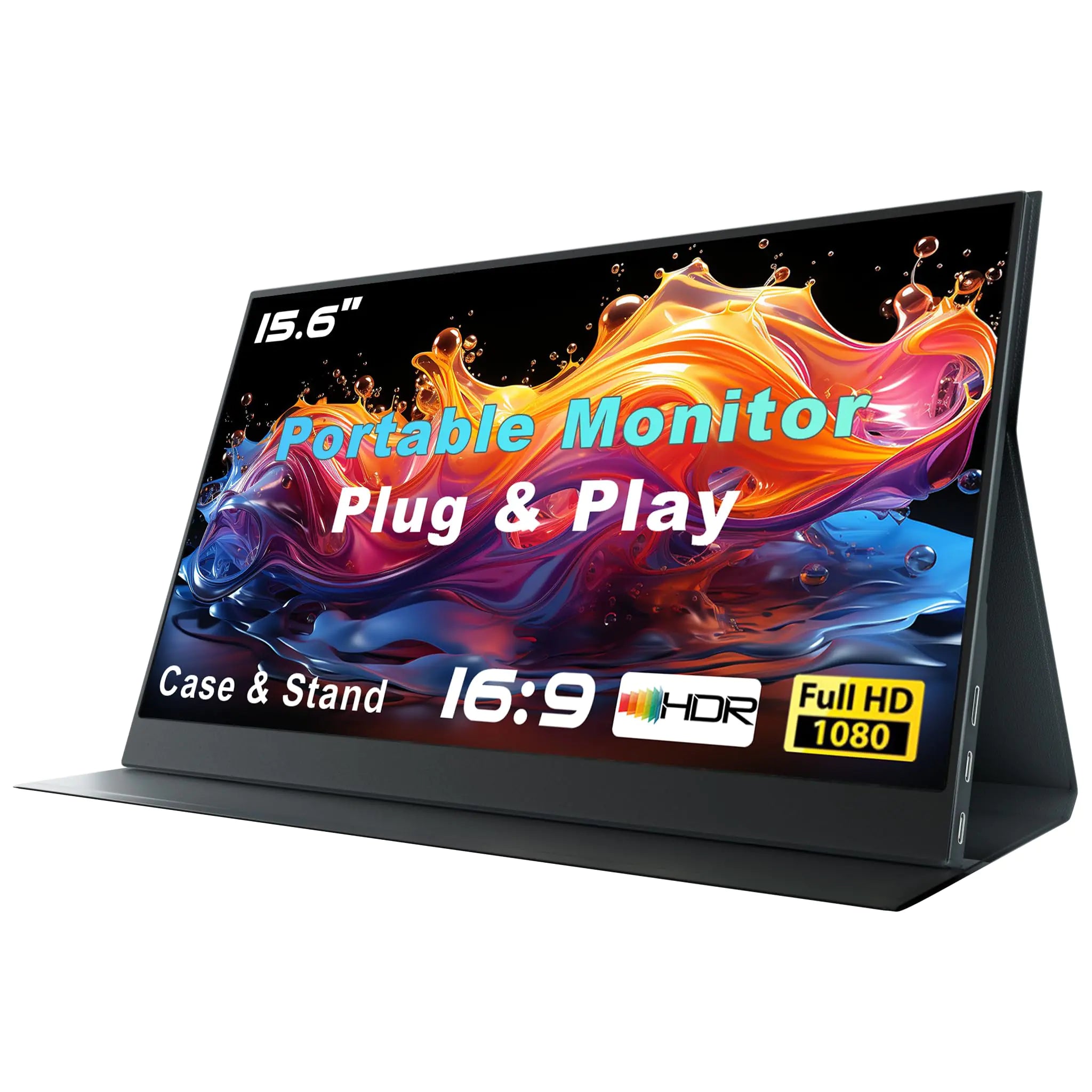 15.6” Portable Monitor 1080P FHD – USB-C & HDMI Second Screen with Built-In Speakers and Smart Cover Stand